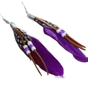 Bohemian 3" Feather Earrings With Purple & Brown Beads